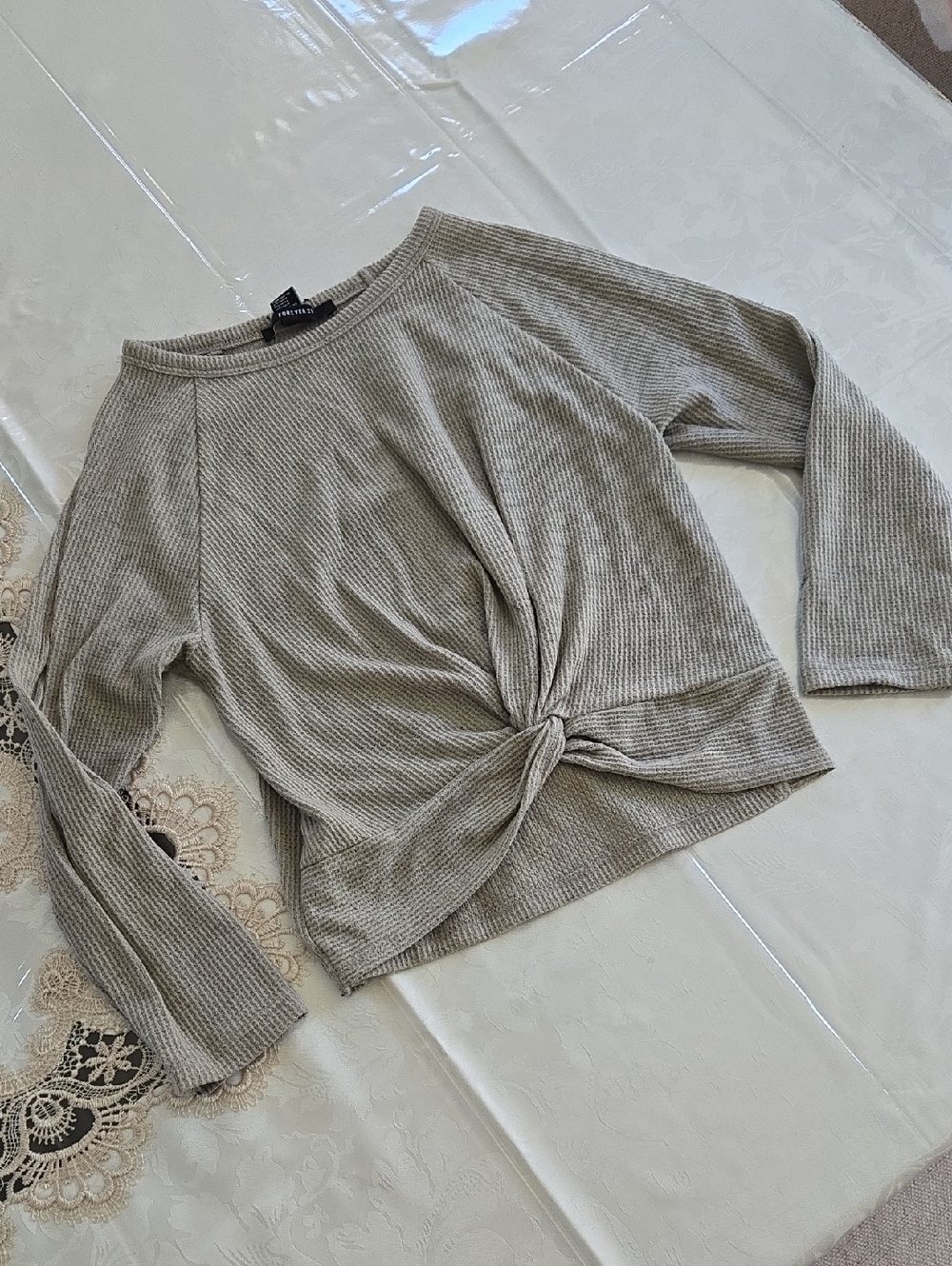 Rib-Knit Twist Front Long Sleeve Top - Neutral Green Forever 21 Size Small
